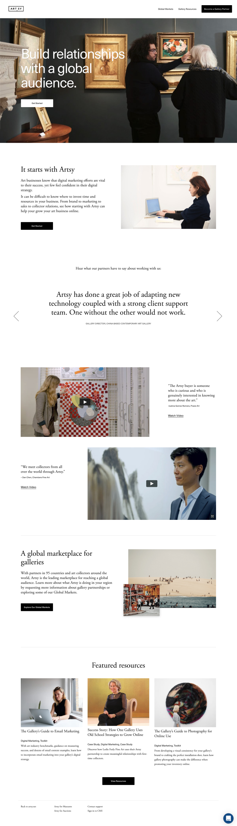 Screenshots of the Artsy Gallery Partner website including homepage, global connectoins page and become a partner page.
