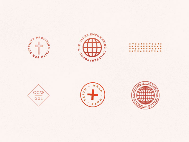 Decorative badges containing branded statements such as health, hope, faith.