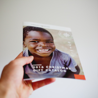 Person holding a printed version of the 2016 catalog.