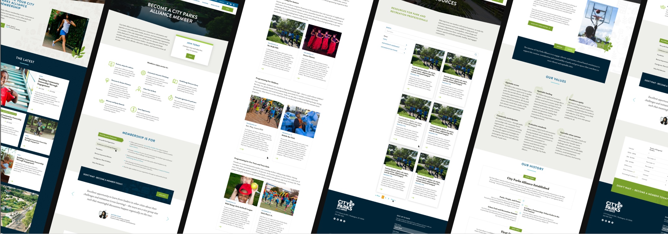 Grid of City Parks page designs showing both breadth and consistency in designs.