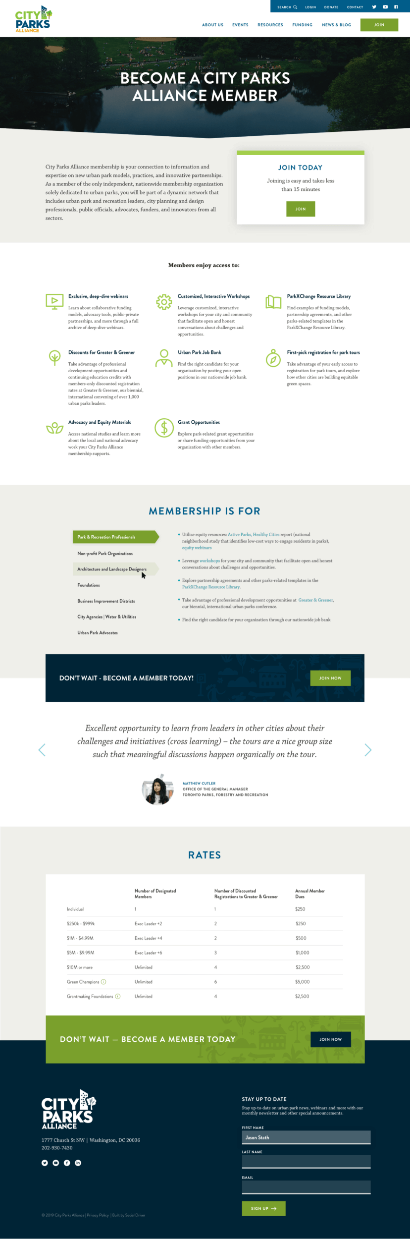 City Parks membership page design