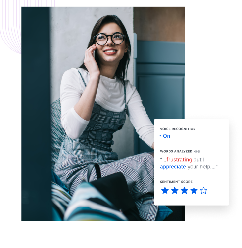 Woman on phone with overlay showing AI analyzing speeck