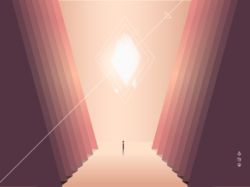 illustrated minimal figure infront of large glowing object